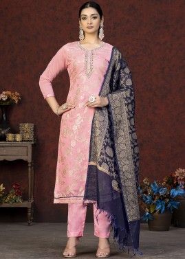 Pink Embroidered Suit Set In Jacquard