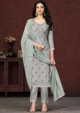 Grey Embroidered Art Silk Suit Set