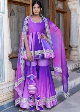 Readymade Shaded Purple Embroidered Peplum Style Sharara Suit