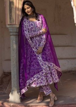 Readymade Purple Floral Printed Anarkali Style Suit