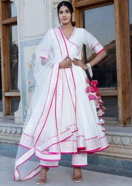 Readymade White Angrakha Style Laced Suit