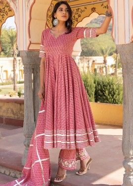 Pink Readymade Floral Printed Anarkali Suit Set