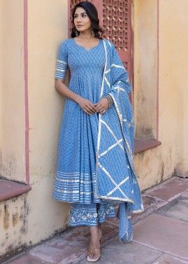 Readymade Blue Floral Printed Palazzo Style Anarkali Suit