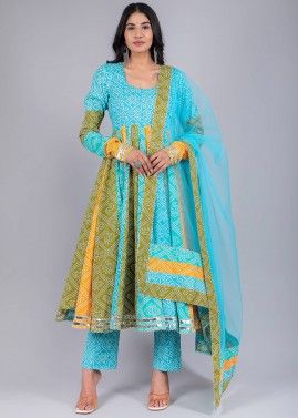 Blue Readymade Bandhej Printed Anarkali Suit
