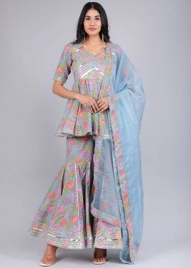 Blue Floral Printed Readymade Sharara Style Suit