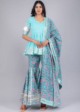 Readymade Blue Sharara Suit In Floral Print