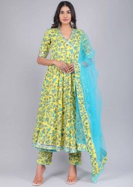 Yellow Paisley Print Readymade Angrakha Style Suit