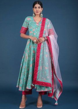 Readymade Blue Floral Printed Angrakha Style Suit