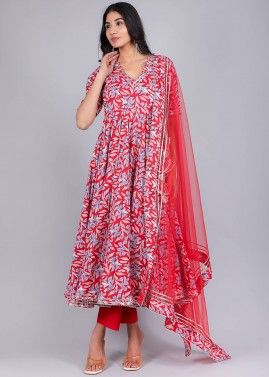 Red Floral Printed Readymade Anarkali Style Suit