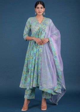 Green Readymade Floral Printed Anarkali Suit