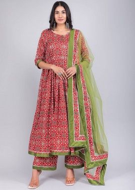Red Printed Readymade Anarkali Style Palazzo Suit