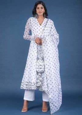 Readymade White Polka Dot Print Anarkali Suit