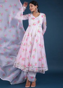 Readymade White Floral Printed Anarkali Style Palazzo Suit