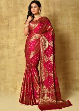 Pink Bandhej Print Bridal Saree With Blouse