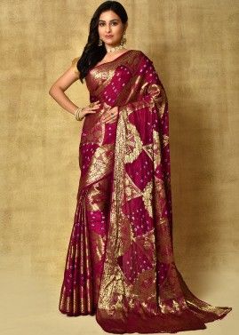 Magenta Silk Bridal Saree With Bandhej Print Blouse