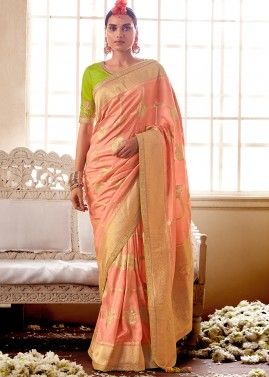 Peach Zari Woven Saree With Silk Blouse