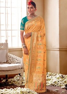 Orange Silk Traditional Saree With Embroidered Blouse