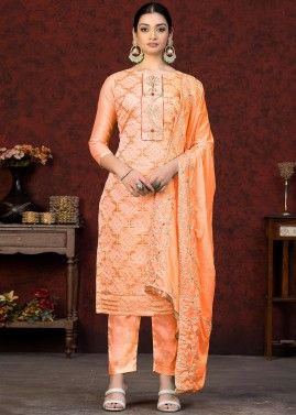 Orange Zari Woven Cotton Pant Suit Set
