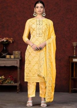Yellow Cotton Pant Suit In Zari Woven Work