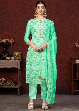 Green Zari Woven Pant Suit In Cotton