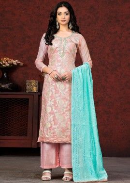 Pink Zari Woven Art Silk Jacquard Suit Set