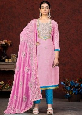 Pink Zari Embroidered Cotton Pant Suit