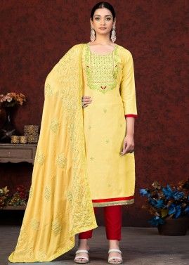 Yellow Embroidered Pant Style Suit In Cotton