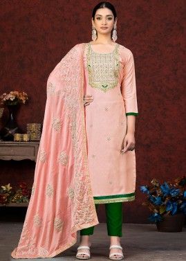 Peach Zari Embroidered Pant Suit In Cotton