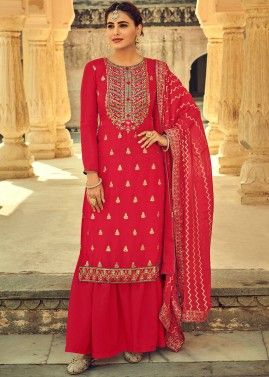 Red Embroidered Palazzo Suit Set In Chiffon