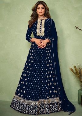 Shamita Shetty Blue Sequins Embroidered Anarkali Suit