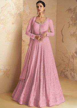 Pink Embroidered Anarkali Style Suit Set