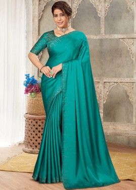 Green Stone Embellished Party Saree With Heavy Blouse