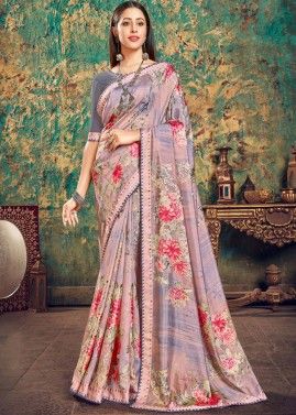 Shaded Pink Floral Print Saree With Blouse