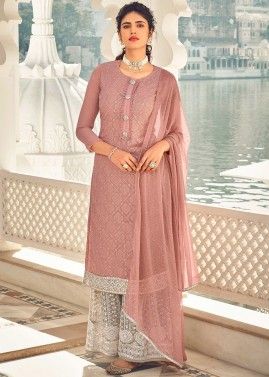 Pink Embroidered Straight Cut Sharara Suit Set