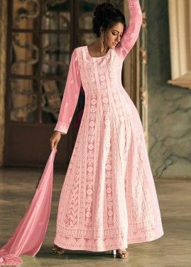Pink Thread Embroidered Anarkali Style Suit