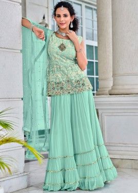 Turquoise Peplum Style Embroidered Sharara Suit