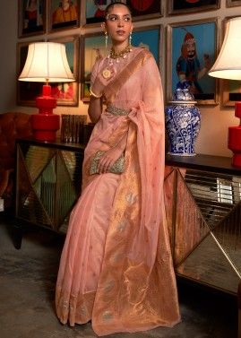 Pink Zari Woven Bridesmaid Saree With Viscose Blouse