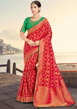Red Silk Zari Woven Bridal Saree With Blouse