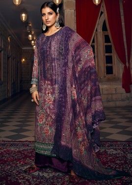 Purple Embroidered Palazzo Suit In Georgette