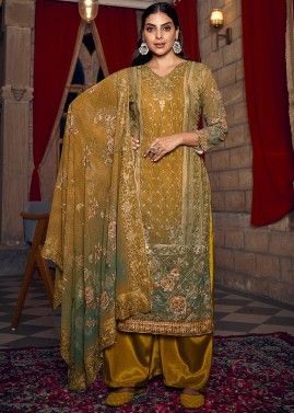 Shaded Yellow Embroidered Georgette Palazzo Suit Set