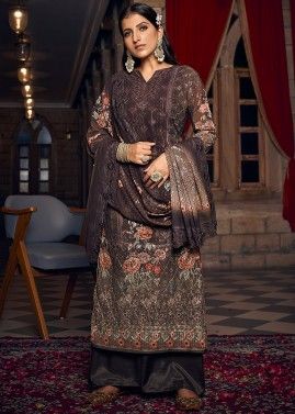 Brown Thread Embroidered Palazzo Style Suit
