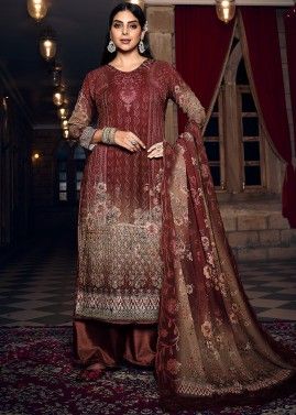 Red Palazzo Suit In Thread Embroidery