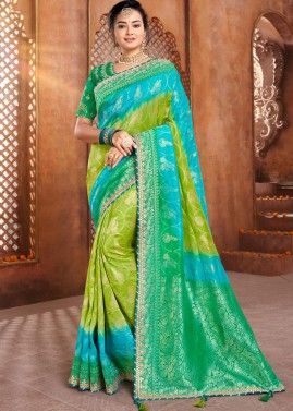 Green & Blue Zari Woven Saree With Designer Blouse
