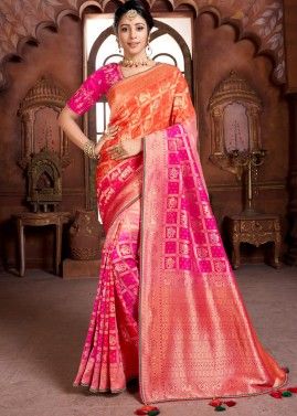 Orange & Pink Zari Woven Saree With Designer Blouse