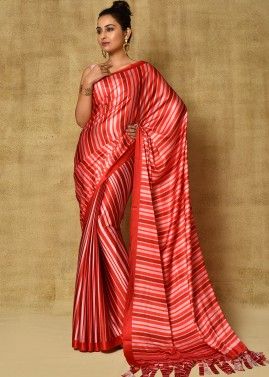 Red Satin Stripe Printed Saree & Blouse