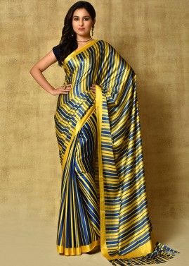 Blue Printed Saree In Satin With Blouse
