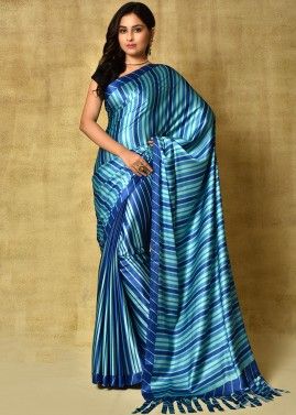 Blue Satin Saree In Stripe Print & Blouse