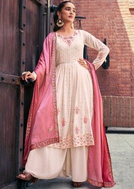 Peach Georgette Embroidered Palazzo Suit Set