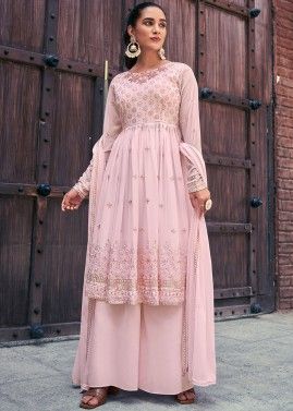 Pink Flared Style Palazzo Suit In Georgette
