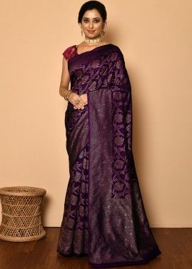 Purple Bridesmaid Banarasi Silk Saree With Heavy Pallu